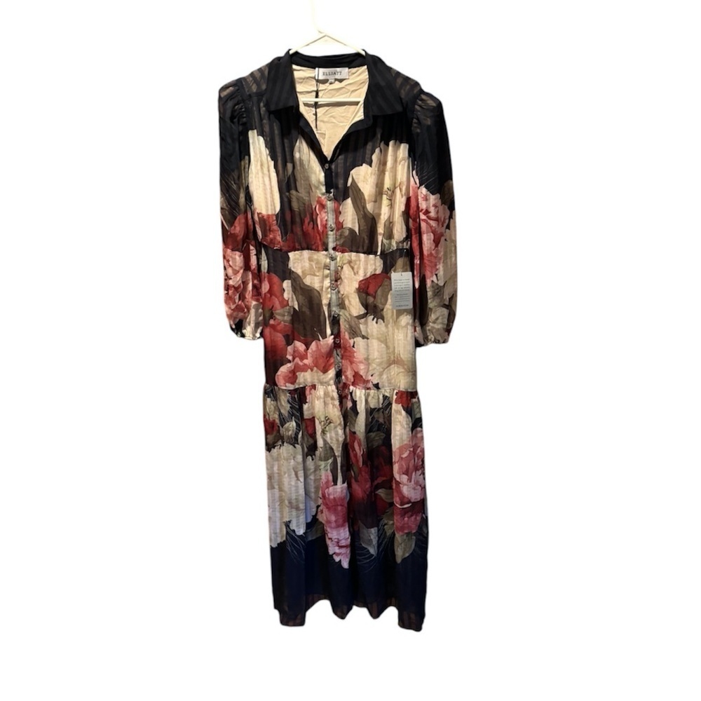 Elliatt Upstage Floral Print Maxi Shirtdress Navy Large Nwt